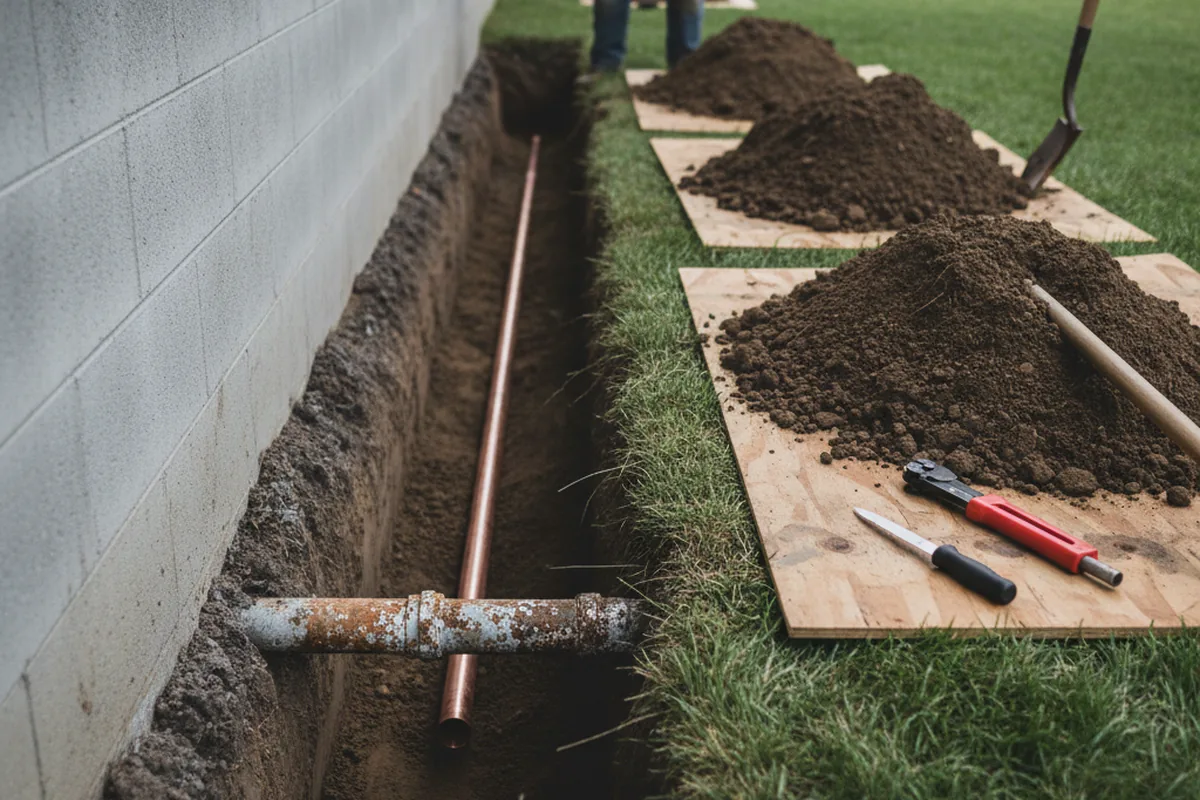 Excavated water line trench during Water Softener Installation in Delhi
